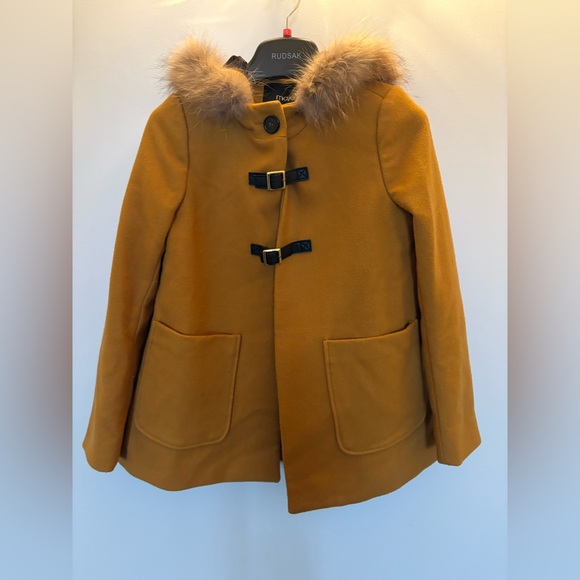 Maje Mustard Yellow Toggle Coat with real Fur Collar - Picture 4 of 6